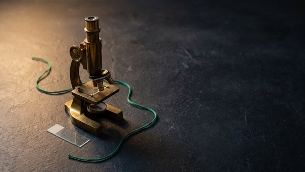 A brass laboratory microscope on dark slate with a plain glass slide and a green linen thread