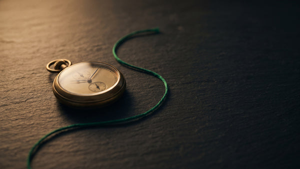 An antique brass stopwatch on dark slate with a green linen thread under warm lamp light