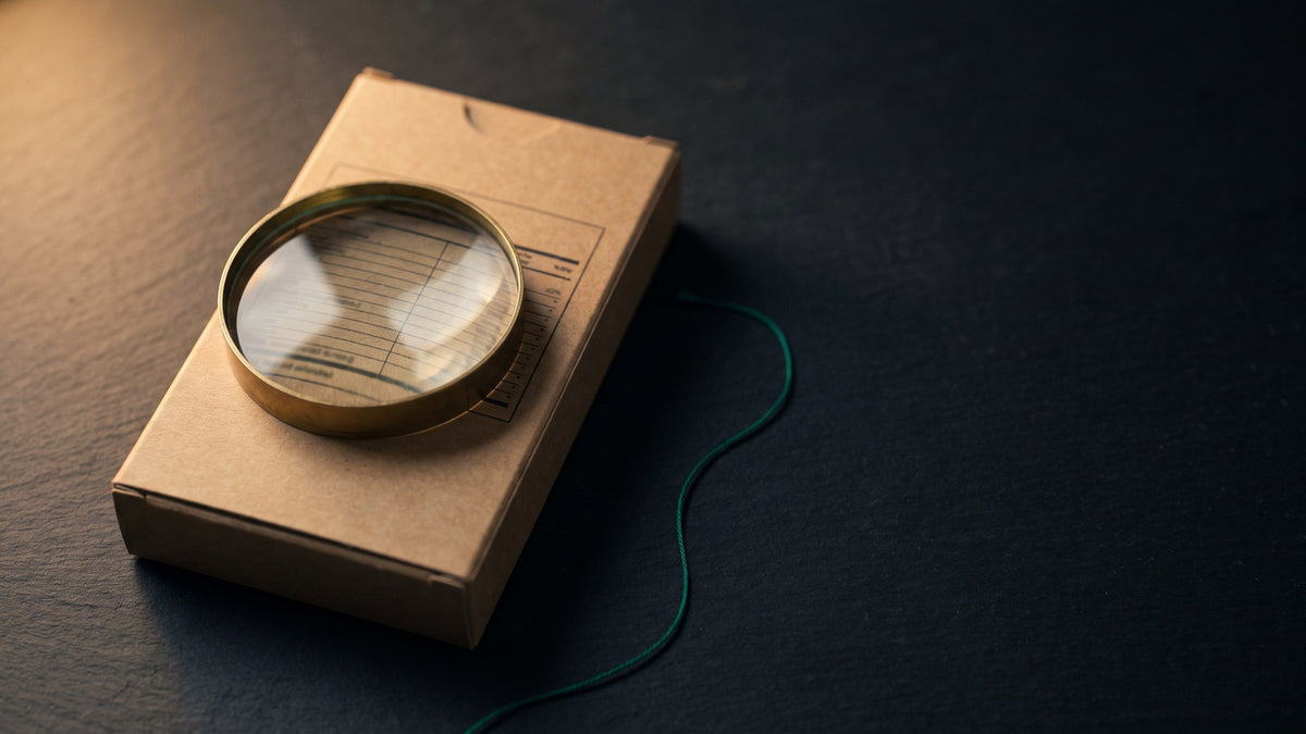 Magnifying glass resting on the back of a plain kraft carton on dark slate under warm lamp light