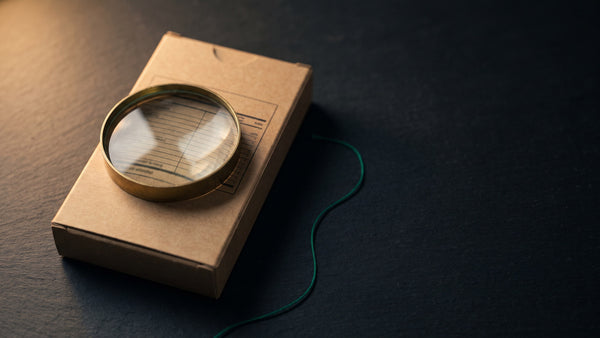 Magnifying glass resting on the back of a plain kraft carton on dark slate under warm lamp light