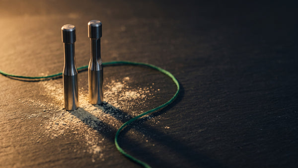 Polished steel tablet-press punches standing on dark slate beside a fine scatter of pale powder, warm light from the left