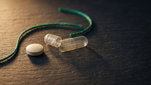 A single pressed tablet beside an empty two-piece capsule shell pulled apart, on dark slate under warm raking light