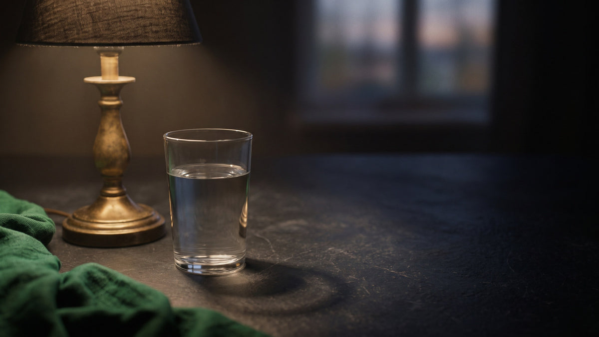A glass of water and an unlit brass table lamp on dark slate at dusk