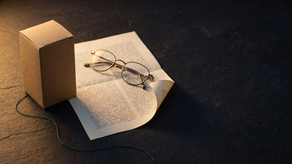 A supplement carton beside a folded printed document on dark slate under warm lamp light