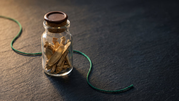 A wax-sealed glass specimen jar of dried root slices on dark slate with a green linen thread