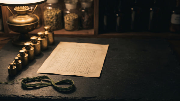 Brass apothecary scale weights standing beside a printed table of small figures on dark slate under warm lamp light