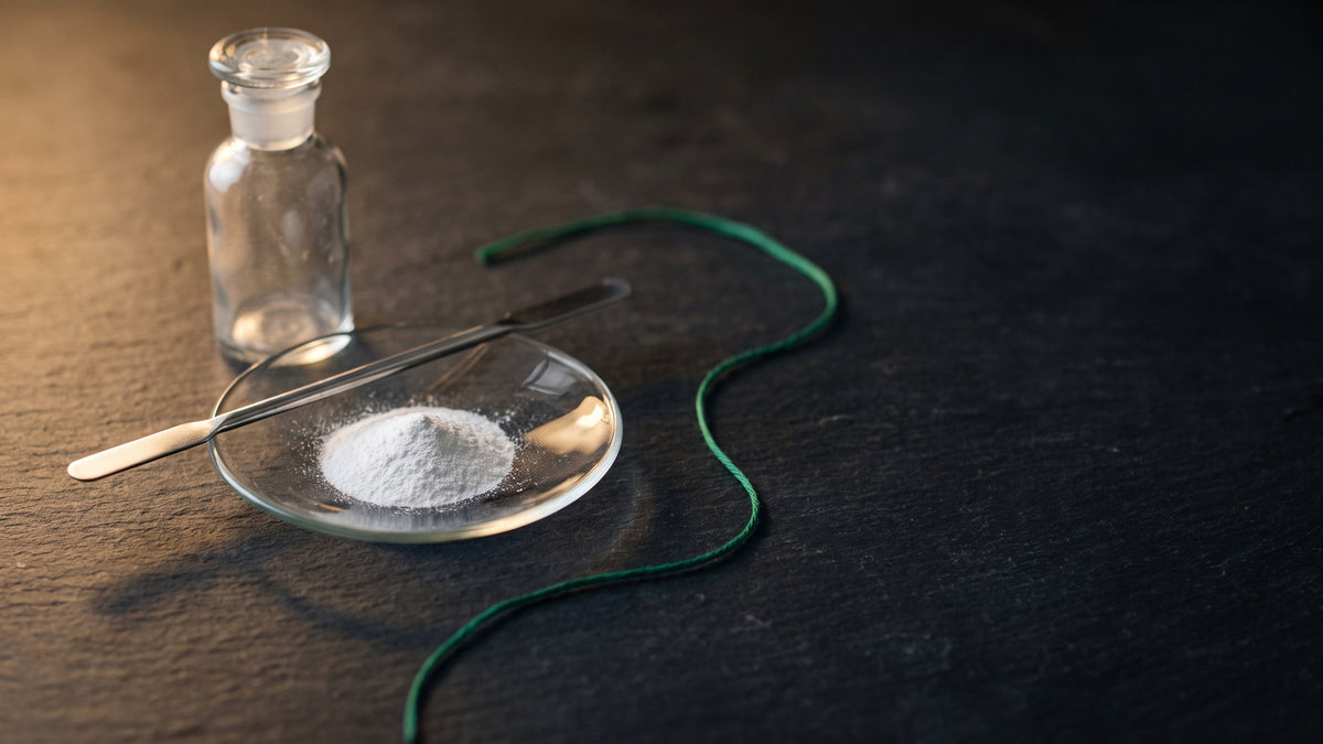 A shallow glass laboratory dish holding fine white powder on dark slate, a steel spatula across its rim and a stoppered reagent bottle behind, green linen thread curving away under warm light