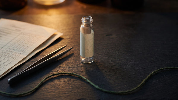 A laboratory sample vial and a printed certificate on dark slate under warm lamp light