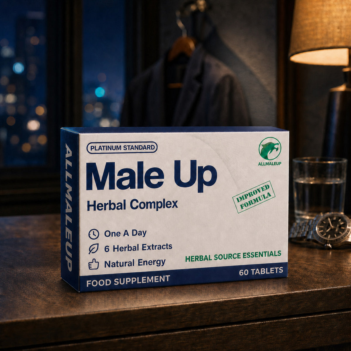 AllMaleUp Male Up Herbal Complex 60-tablet box on a bedside table at night