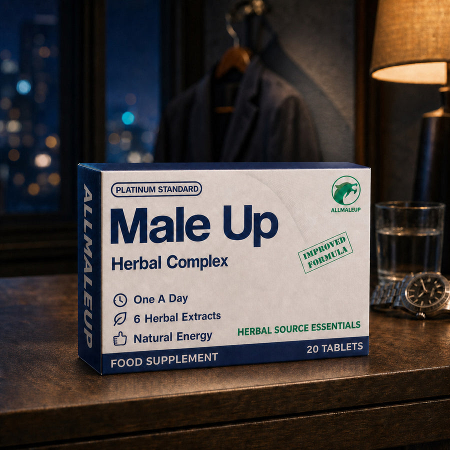 AllMaleUp Male Up Herbal Complex 20-tablet box on a bedside table at night