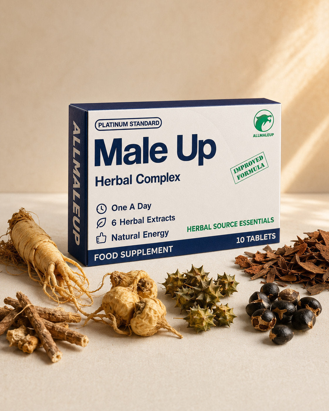 AllMaleUp Botanical Blend pack surrounded by the six raw botanicals