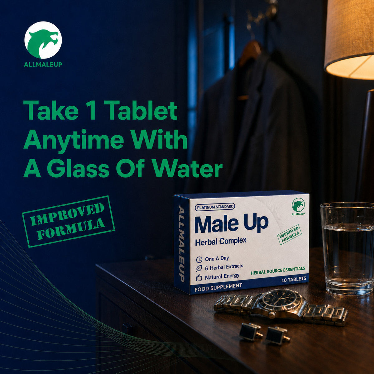AllMaleUp pack on a dresser in an evening interior - one tablet with a glass of water