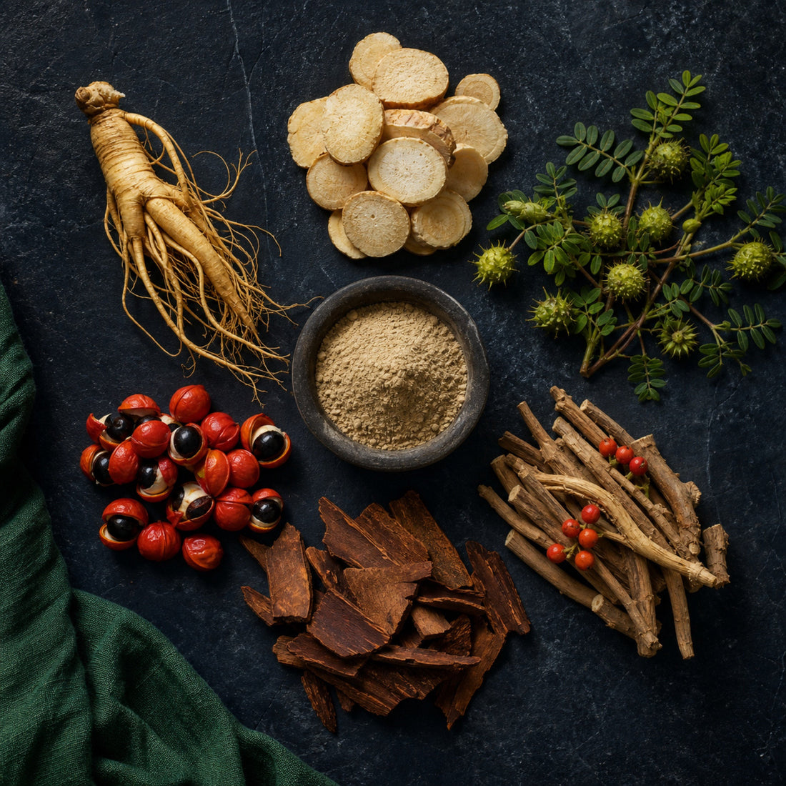 Six herbal ingredients on a dark stone surface